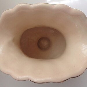 May include: The inside of a pink ceramic vase with a gold rim. The vase has a scalloped edge and a smooth, glossy finish.