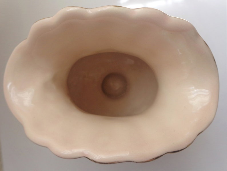 May include: The inside of a pink ceramic vase with a gold rim. The vase has a scalloped edge and a smooth, glossy finish.