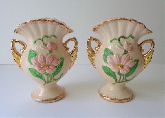 Vintage Hull Pottery, Hull H-6 Magnolia Vase Pair With Double Handles and Heavy Gold Accents 6 1/2"