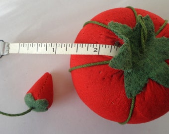 Vintage Red Tomato Tape Measure Pin Cushion With Strawberry Emery