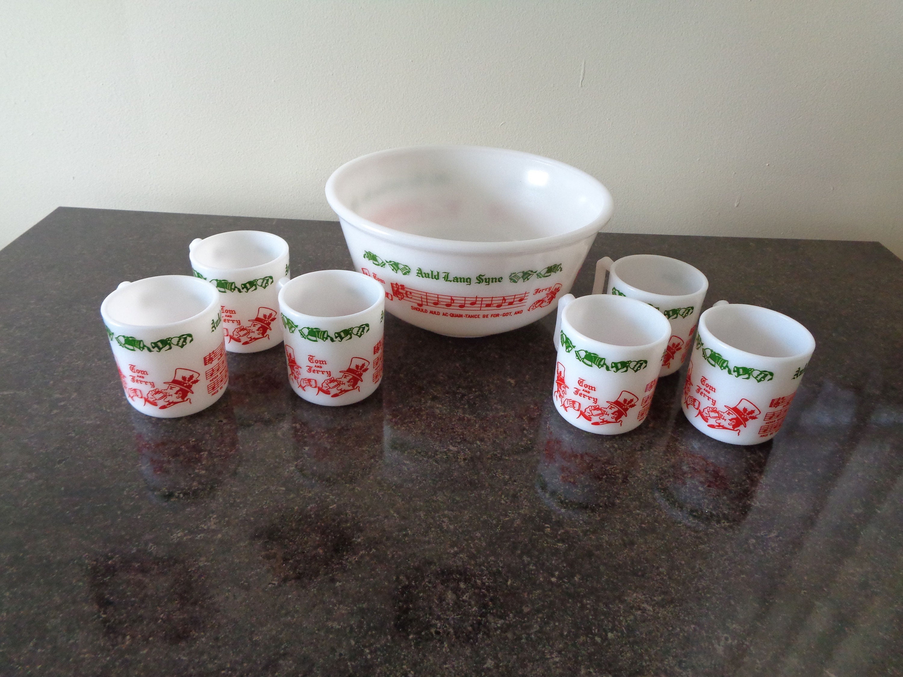 Vintage Hazel Atlas Auld Lang Syne Tom and Jerry Punch Bowl Set With 6 Mugs