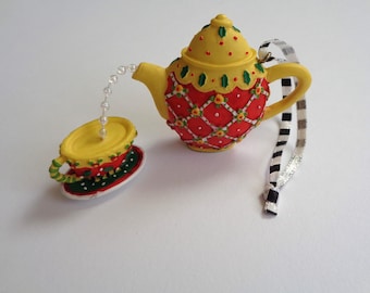 Vintage Mary Engelbreit Christmas Ornament: Teapot Pouring Teacup, Floral Resin Design