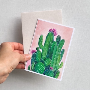 Watercolour Greeting Card Pink Cactus, Cactus Flower Card, Green Cactuses, Watercolour illustration, Happy Birthday, Cactus Print