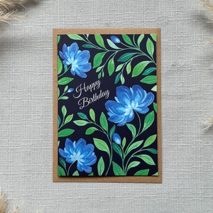 Aquarel wenskaart Happy Birthday blauwe wijnstok, bloemenkunst, botanische kaart, plantenkaart