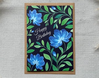 Watercolour Greeting Card Happy Birthday Blue Vine, Flower Art, Botanical Card, Plant Card