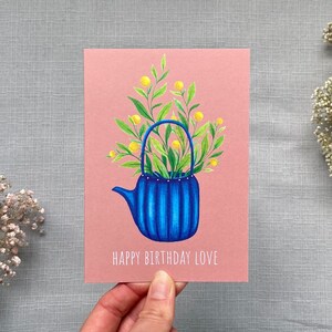 Tener un cumpleaños encantador, tarjeta de tetera, tarjeta de planta, tarjeta de jardín, tarjeta botánica, maceta