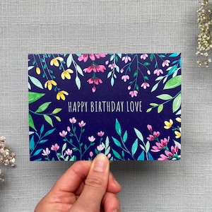 Tarjeta de felicitación de acuarela, Feliz cumpleaños amor, Campo de flores, Flores silvestres, Tarjeta de planta, Tarjeta de jardín, Tarjeta botánica