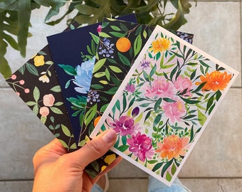 Cartes de vœux aquarelles colorées Ensemble de 4 cartes, Carte de fleurs, Carte de jardin, Plantes, Cartes Aquarelle