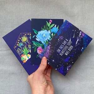 Conjunto de 3 cartões azuis, cartão do universo, cartão de flores, cartão de jardim, cartão de plantas, feliz aniversário