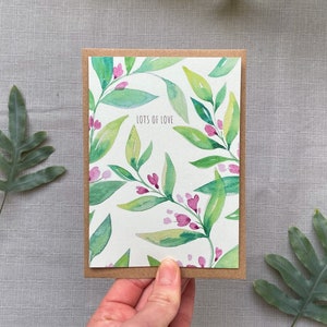 Tarjeta de felicitación de acuarela Verdes ondulados, Tarjeta de planta, Tarjeta de jardín, Ilustración de acuarela, Tarjeta botánica, Mucho amor