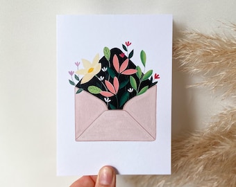 Flower Envelope, Gouache Greeting Card Happy Birthday, Flower Card, Pastel Colours, Card print