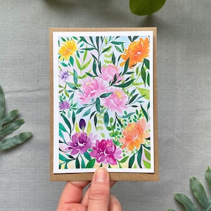 Cartão de felicitações em aquarela flores da selva, cartão de flores, ilustração em aquarela, feliz aniversário, impressão de cartão