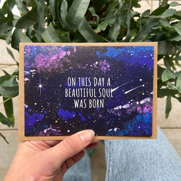 Tarjeta de felicitación de acuarela "Alma hermosa", tarjeta de cumpleaños, tarjeta del universo, tarjeta del espacio, tarjeta del cielo, felicitaciones