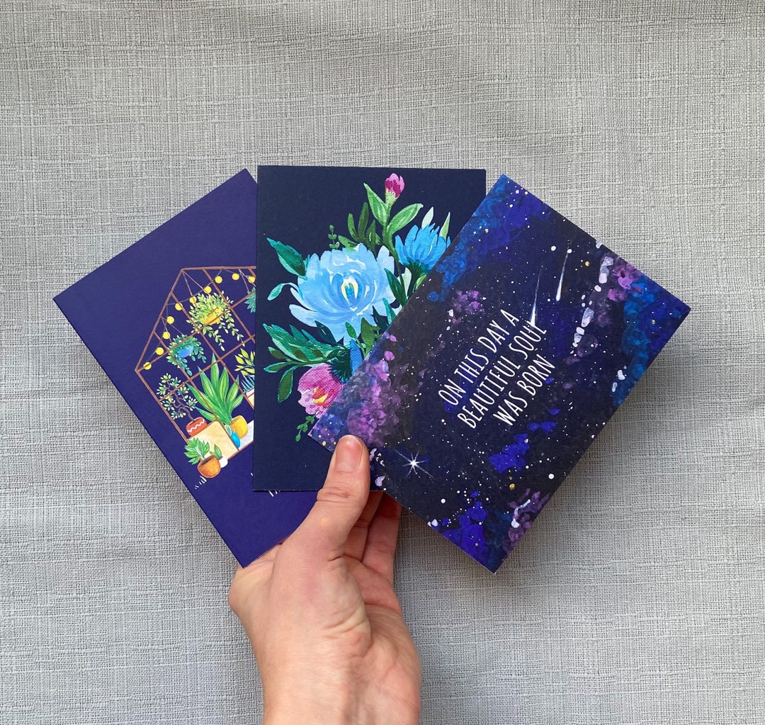 Set of 3 Blue Greeting Cards, Universe Card, Flower Card, Garden Card