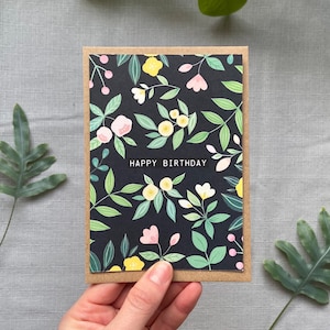 Gelukkige verjaardagswenskaart | Verjaardagskaart | Bloemkaart | Plantenkaart | Plantenliefhebber | Plakkaatverfbloemen | Gouachekaart