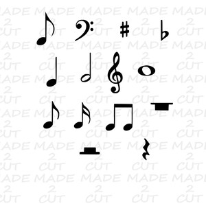 May include: A set of black musical note symbols, including a treble clef, a sharp, a flat, a whole note, a half note, a quarter note, an eighth note, and a rest. The symbols are isolated on a white background.