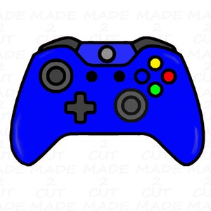 May include: A blue video game controller with black buttons and a black directional pad. The controller has a black and white design on the front.