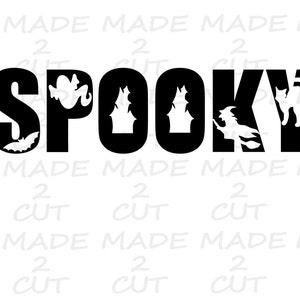 May include: Black and white graphic design of the word "SPOOKY" with Halloween-themed images inside each letter. The images include a ghost, a haunted house, a witch, and a black cat.