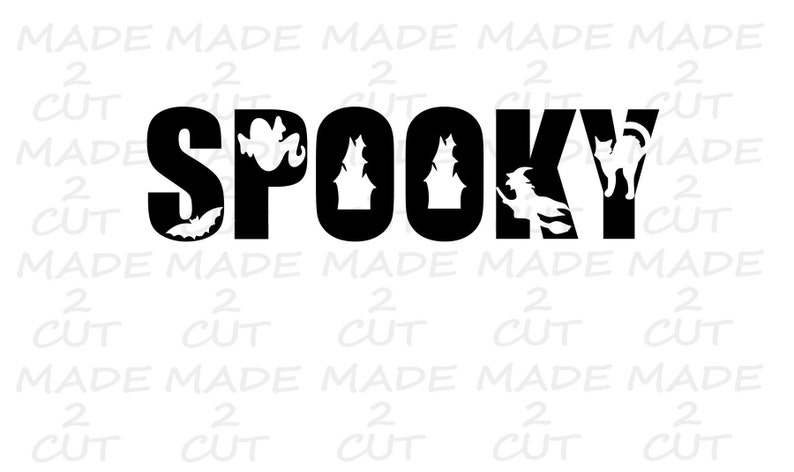 May include: Black and white graphic design of the word "SPOOKY" with Halloween-themed images inside each letter. The images include a ghost, a haunted house, a witch, and a black cat.