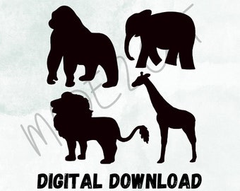 Safari Animals SVG: Lion, Gorilla, Giraffe, Elephant (Digital Download)