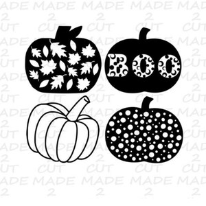 May include: Four black and white pumpkin designs. One pumpkin has a leaf pattern, one says "BOO" with a polka dot pattern, one is a simple pumpkin outline, and one has a polka dot pattern.
