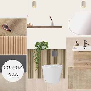 Könnte beinhalten: Ein Badezimmer-Designkonzept mit neutraler Farbpalette. Das Bild zeigt eine Rolle Holz-Tapete, eine vertikale Holzverkleidung, eine Toilette, einen Waschtisch mit schwarzem Wasserhahn, einen Spiegel und einen Teppich. Der Text "COLOUR PLAN" befindet sich in einem weißen Kreis.