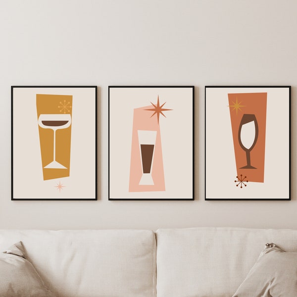 Mid-Century Modern Cocktail Art | Set of 3 Bauhaus-Style Retro Colourful Bar Art | Print at Home or Locally | Hi Res JPG (300dpi)