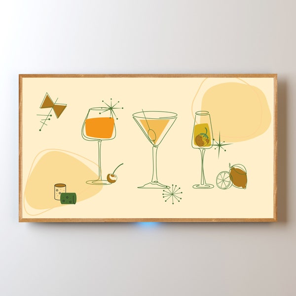 Cocktail Mid-Century Modern Samsung Frame TV Art | Colourful MCM Retro Vintage Cocktail Line Art | High Res jpg 3840x2160px