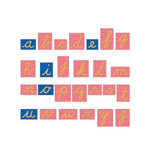 May include: A collection of alphabet letters, each displayed on a separate block. The letters are in a cursive style and are colored gold. The blocks are either pink or blue, creating a colorful and playful design.