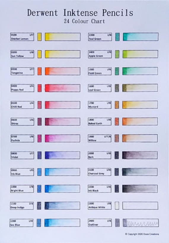Derwent Inktense 24 Pencil Colour Chart Template Printable