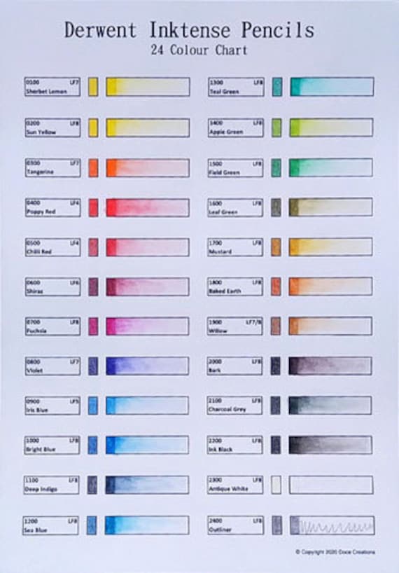 Derwent Inktense 24 Pencil Colour Chart Template Printable Etsy