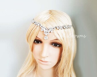 Wedding silver forehead hair jewelry forehead headband front head chain boho wedding prom tiara circlet festival bohemian wedding indian