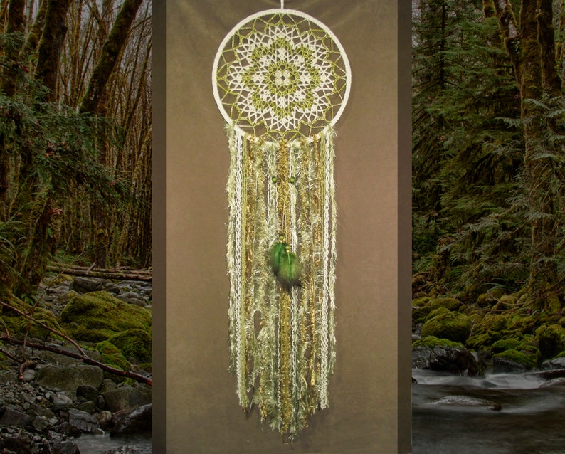 Large Mandala Dreamcatcher Wall Hanging Green Gold Crochet Dream Catcher Bedroom Decor Chartreuse Olive Boho Hippie Wedding Decor Fiber Art