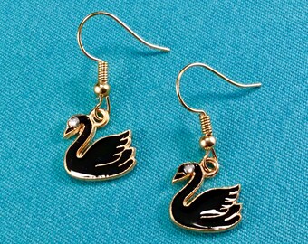 Black Acrylic Double Sided Ear Stud Earrings Swan With Clear Rhinestone Black Rubberized Enamel