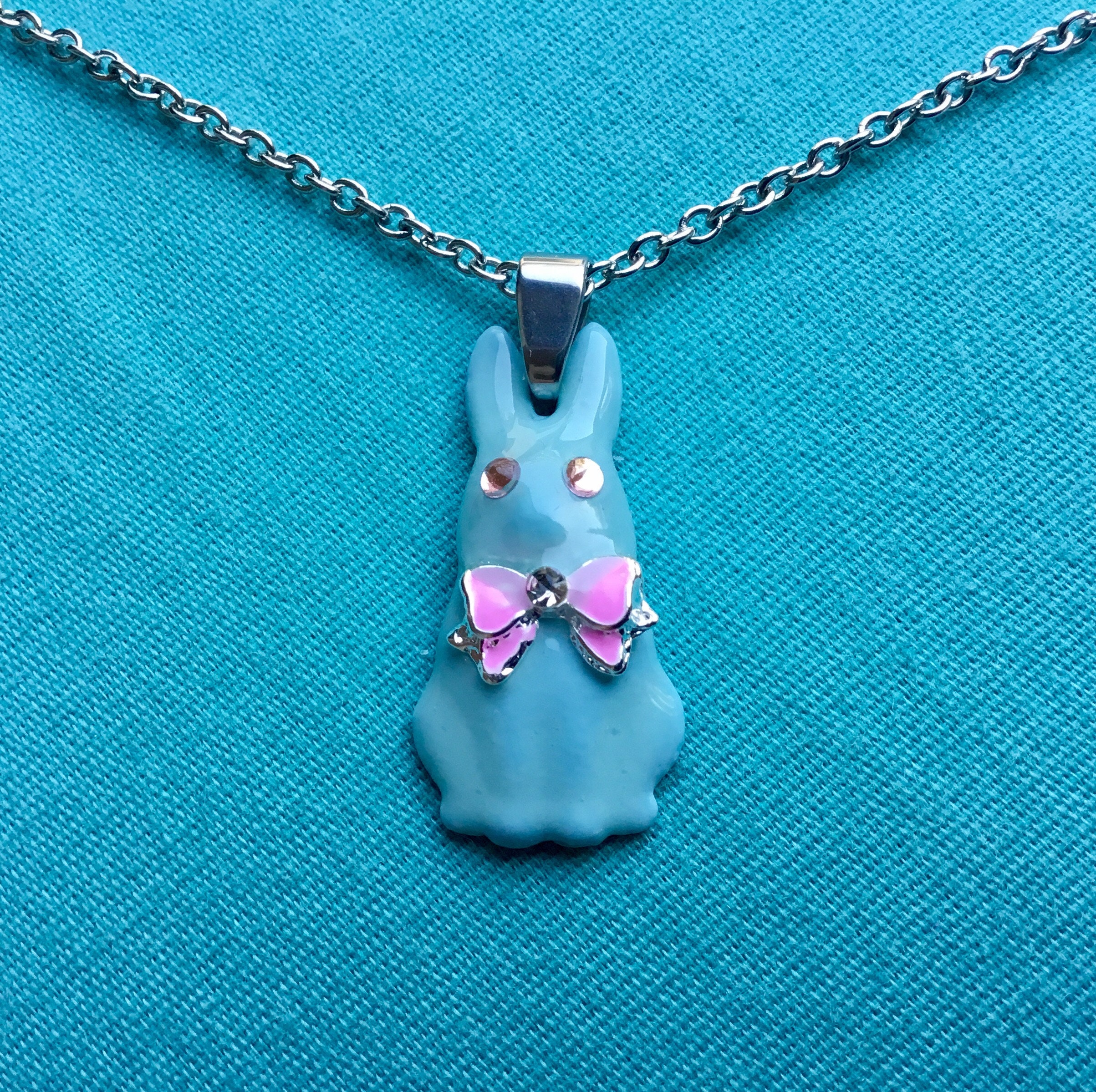 Handpainted Bunny RABBIT NECKLACE Blue BUNNY Green Bunny Easter Bunny