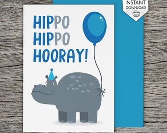 Printable Birthday Card - Hippo Hippo Hooray - Blue, Boy, Guy, Funny
