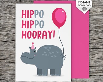 Printable Birthday Card - Hippo Hippo Hooray - Pink, Girl, Funny