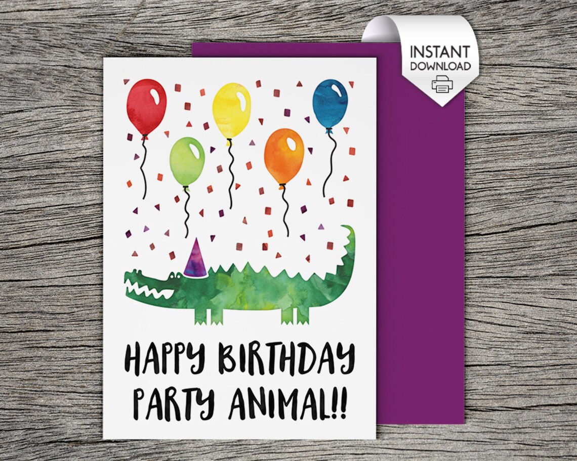 Printable Birthday Card Happy Birthday Party Animal Instant PDF ...
