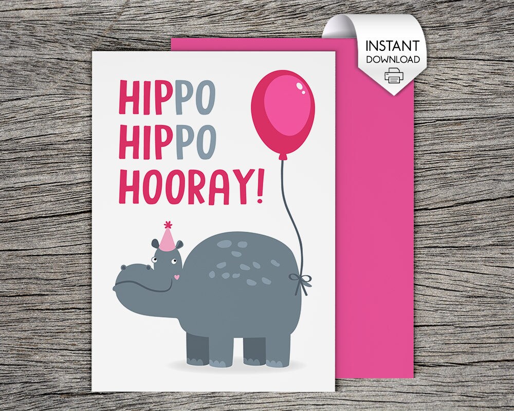 Printable Birthday Card Hippo Hippo Hooray Pink, Girl, Funny - Etsy