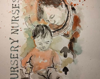 original ink and watercolor - affordable art - Locked In (nursery nurses)