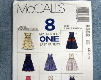 Little girls jumper sewing pattern, nostalgic gathered empire waist, uncut McCalls 8352, Girl 2 3 4