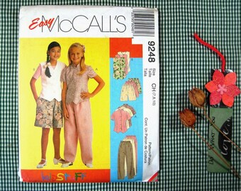 girls outfit sewing pattern makes pants or shorts, top, vest, uncut McCalls 9248, Girls size 7 - 10