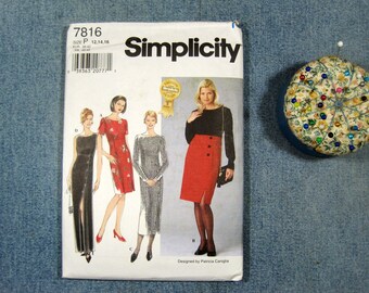 Empire dress sewing pattern, uncut Simplicity 7816 , Misses 12 14 16, special occasion dress with bateau neckline and length options