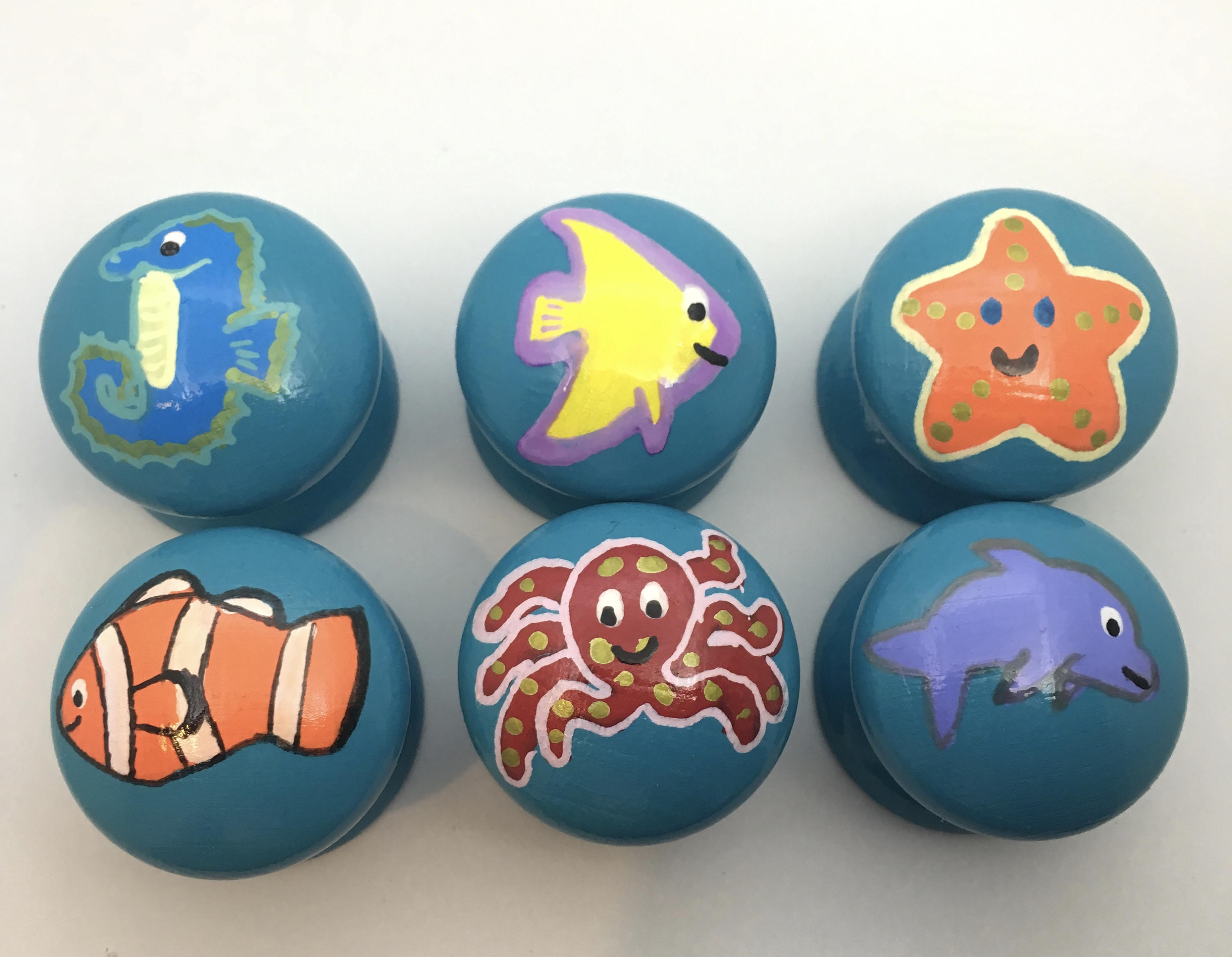 Set Of 6 Coral Reef Fish Hand Painted Drawer Knobs 3 Sizes