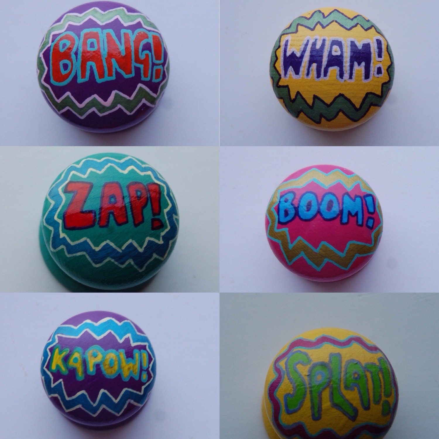 Comic Book Drawer Knobs 6 Designs Available Hand Painted Word