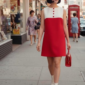 Puede incluir: Un vestido recto sin mangas con cuerpo blanco y falda roja, acentuado con tres botones rojos en el centro del pecho. El conjunto se combina con botines blancos y un pequeño bolso rojo, creando un aspecto coordinado y uniforme.