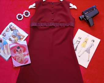 60s Retro Style Mini Dress | Mod Shift Dress with Chest Ruffle | Handmade Sixties Outfit | Various Sizes Available