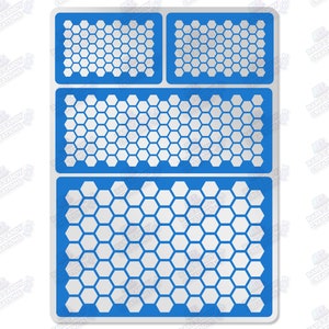 May include: A set of blue stencils with a honeycomb pattern. The stencils are in various rectangular shapes, with the honeycomb design in white. The stencils are labeled with the text "RARE CANDY CREATIONS".