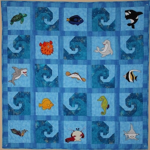 Ocean animal applique PDF baby quilt pattern; Reef Buddies