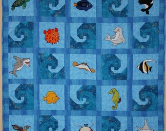 Ocean animal applique PDF baby quilt pattern; Reef Buddies